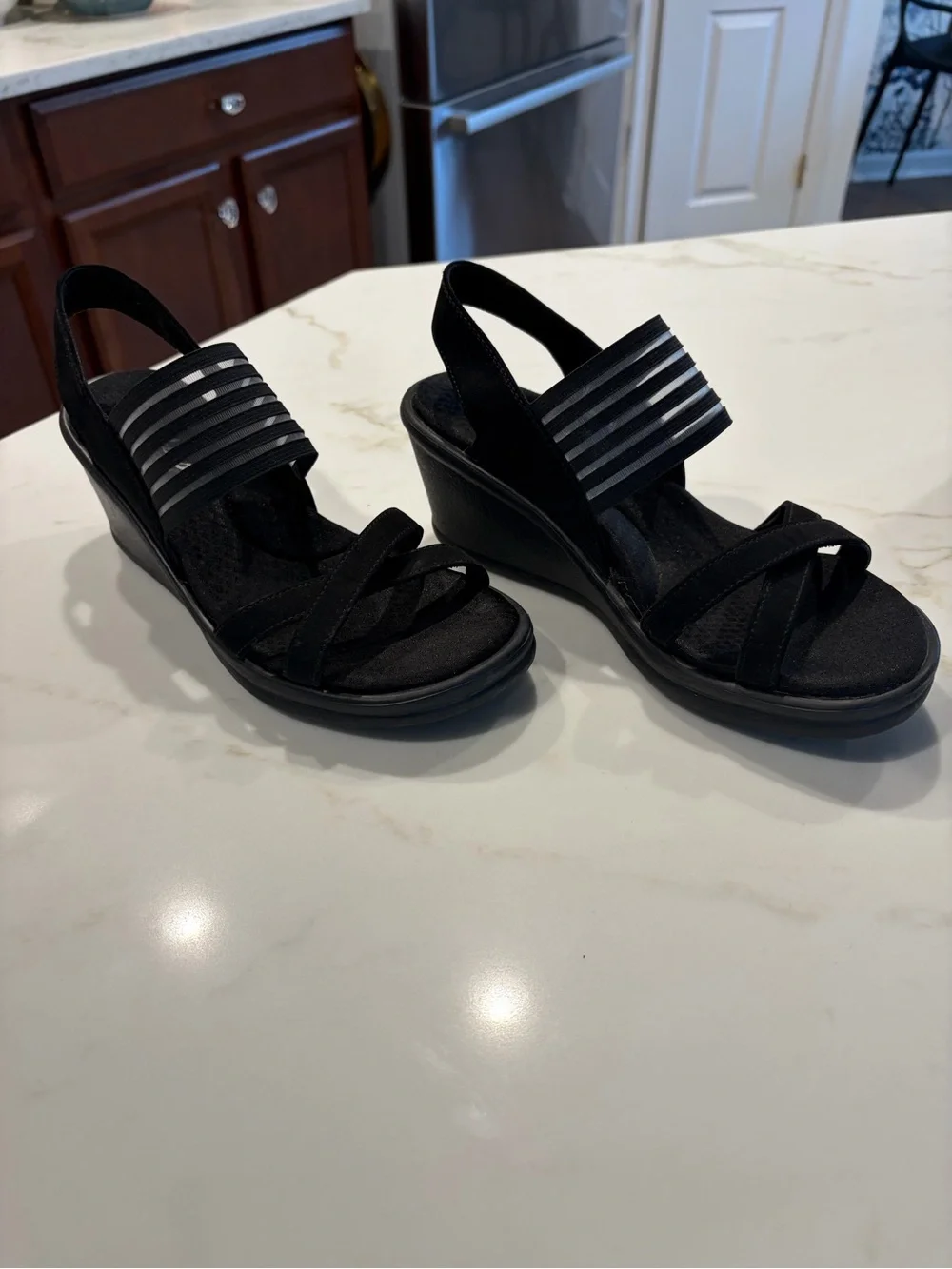 Skechers Black Women's Slide Sandals with Dual Elastic Straps Memory Foam